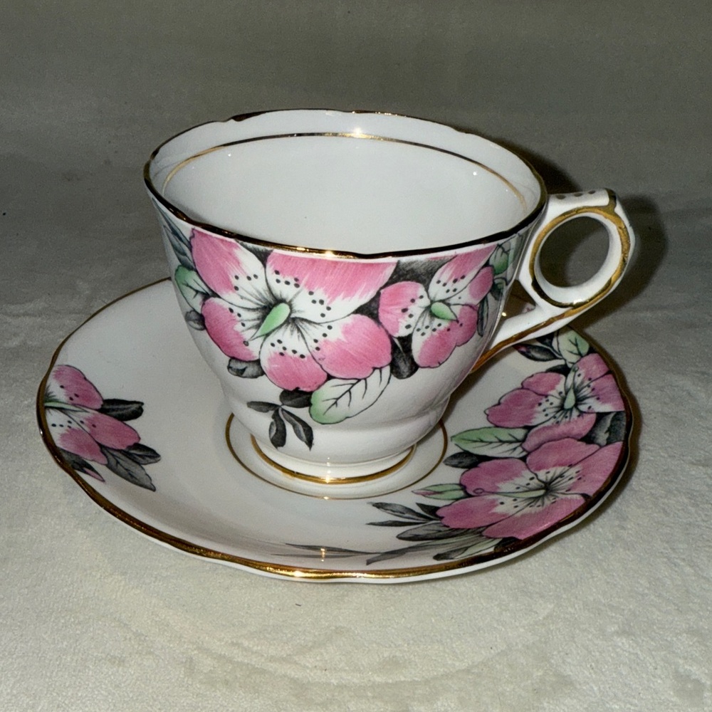 Floral Pink and White Teacup and Saucer Set